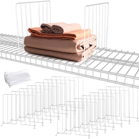 Twenty Pack Wire Closet Shelf Dividers With 100 Nylon Ties, 12 Inch Vertical Organizers, stacked towels on metal shelf