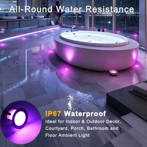 30 Pack 1.22 Inch Low Voltage RGBW Deck Lights With WiFi App And Voice Control illuminating a waterproof indoor spa area