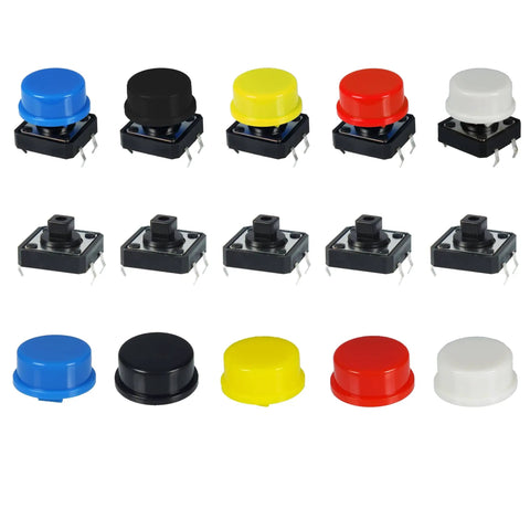 Dope 70 Piece 12x12x7.3mm Tactile Button Switch Kit With 4 Pin PCB Micro Switches And Caps, Arduino Compatible, 5 color cap set