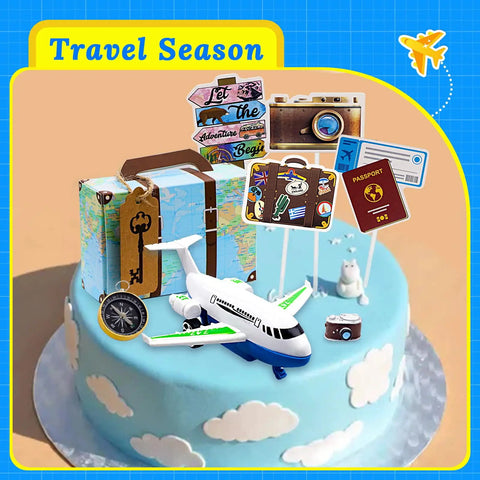 Adventure Travel Cake Topper Set For Party Decor All In One Travel Themed Cupcake Toppers on blue cake with cloud decor