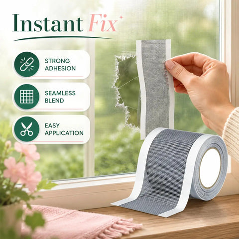 Applying Heavy Duty Fiberglass Screen Repair Tape Patch 7cm by 5cm Self Adhesive Mesh Repair Kit on window screen tear