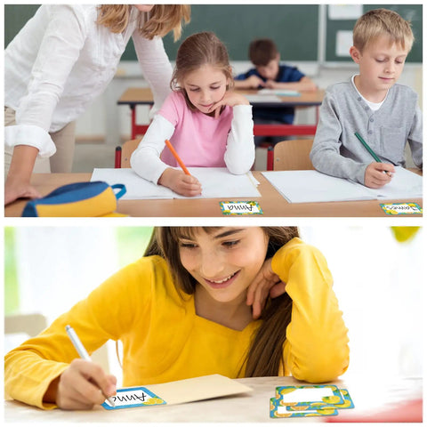Children using Lemon Themed Classroom Name Tags Set Of 48 Self Adhesive Desk Nameplates with Large Writing Area in class.