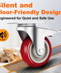 Close-up of four inch caster wheel, red polyurethane silent design for floor-friendly use, part of Four Inch Caster Wheels Set Of Four Beefy Heavy Duty Swivel Casters With Dual Locking Brakes Silent Polyurethane Wheels 360 Degree Rotation Load 2600 Lbs For Furniture And Workbench.