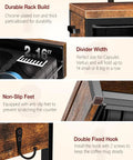 Close-up of Rustic Brown Coffee Pod Organizer Drawer For Vertuo And Nespresso showing divider width, non-slip feet, and hooks.