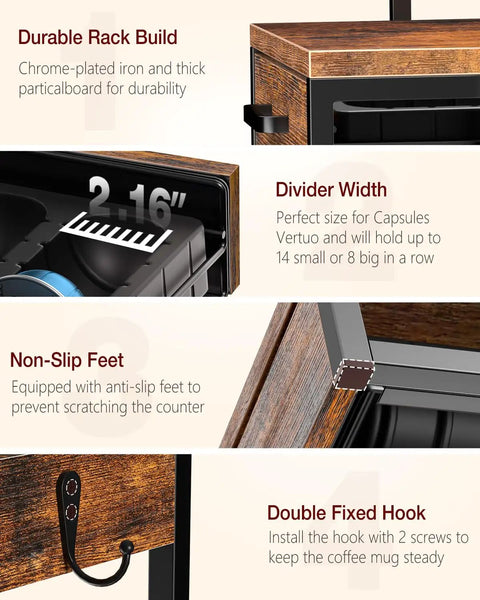 Close-up of Rustic Brown Coffee Pod Organizer Drawer For Vertuo And Nespresso showing divider width, non-slip feet, and hooks.