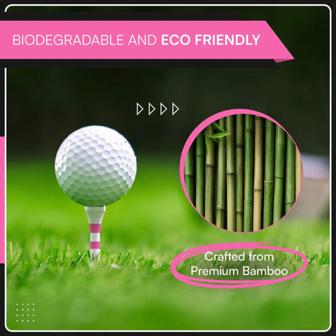 Top Notch Bamboo Golf Tees With Pink Stripe, Two Size Options 2 3 Quarter Inch And 3 1 Quarter Inch, Eco Friendly And Biodegradable