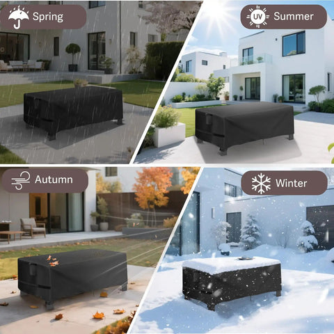 All Weather Outdoor Coffee Table Cover 48 Inch Rectangular, Heavy Duty Oxford Cloth With PU Coating on table in all seasons.