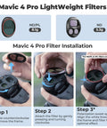 Dope Split ND Filter 4 Pack For DJI Mavic 4 Pro Dual Focal Length Kit installation steps and lightweight filter details shown.