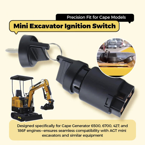 Mini excavator ignition switch compatible with Cape Generator 6500 6700 427 186F, shown with AGT equipment, industrial-grade housing.