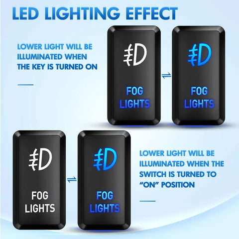 Fog Light Push Button Switch 12V On Off With Wire Connector Kit 1.54 In By 0.83 In For Toyota with LED illumination effect