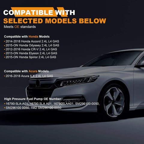 High Pressure Fuel Pump Replacement For Honda Accord CR-V Odyssey Elysion Spirior And Acura ILX 2.4L L4 2012 2018 Top Notch Plug And Play Direct Fit Replaces 167905LAA01 16790 5LA A01 compatibility chart with a side view of a compatible Honda vehicle