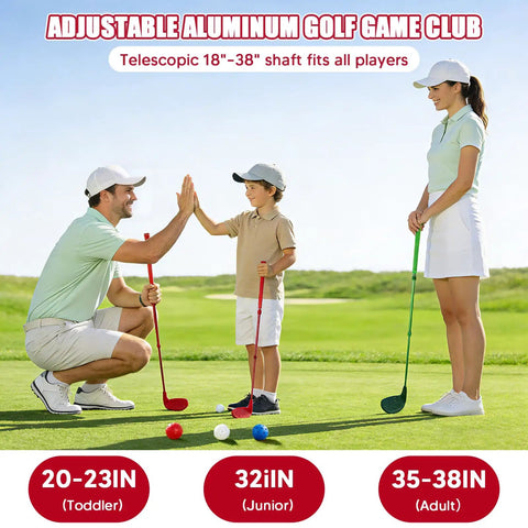 Family playing with Two Pack Backyard Golf Clubs With Telescopic Aluminum Shafts 18 To 38 Inches in a sunny outdoor setting.