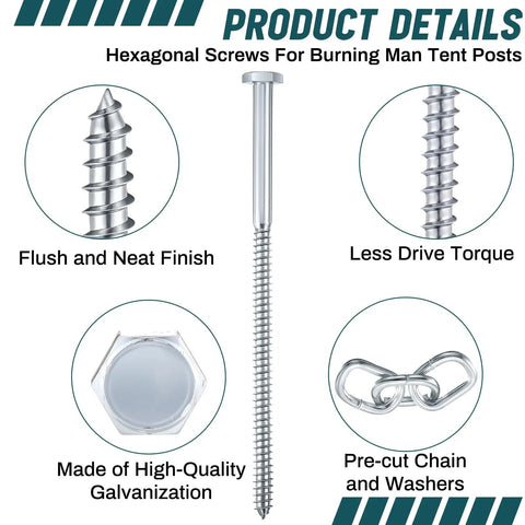 Lag Screws Three Eighths Heavy Duty Bolts with flush finish, hexagonal head, and pre-cut chain links for tent setup
