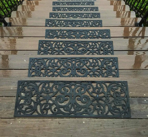 Outdoor Non Slip Rubber Stair Treads Set Of 4 With Stay On Kit Butterfly Design Anti Slip Mats For Steps 30 X 10 Inches Decorative Iron Grill Look Includes Carpet Tape For Easy Install on wet wooden stairs