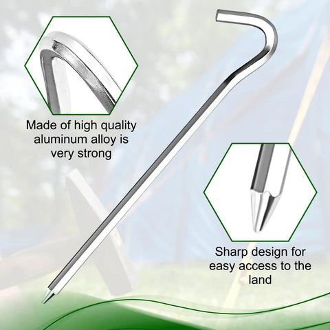 Heavy Duty Aluminum Tent Stakes 20 Pack 7 Inch Ground Stakes With Hooks made of durable aluminum alloy with sharp tips