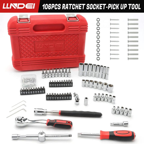 106-Piece 1/4 Inch Drive Socket Set With Wrench, Chrome Vanadium Steel, Shallow and Deep Sockets, Torx and Screw Bits, Red Carry Case