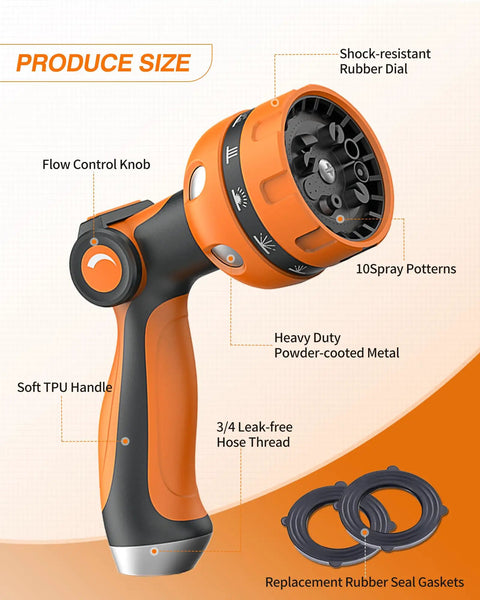 Heavy Duty Garden Hose Nozzle With 10 Pattern Watering Sprays, Thumb Control On Off Valve, Metal Inlet And Durable ABS And TPR Construction, Perfect For Lawn Care, Garden Beds, Car Washing And Pet Bath, Bright Orange Red