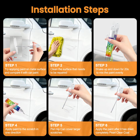 Installation steps for Tesla Model Y Model 3 Model X Model S Touch Up Paint Kit 2 in 1 Car Scratch Remover Pen with instructions.
