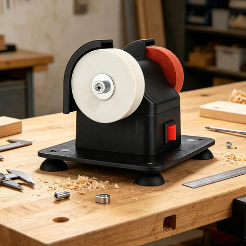 Mini Bench Grinder Workhorse With Dual Grinding Wheels For Precision Sharpening and Tough Burr Removal powered by a copper motor on a wooden workbench.