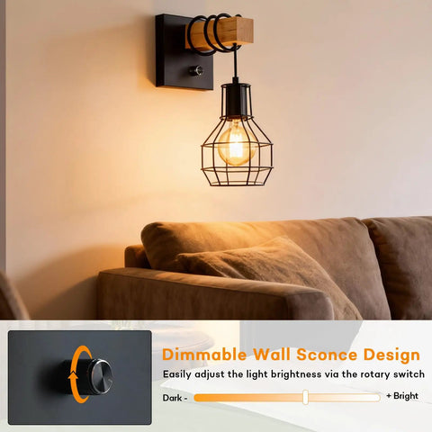 Industrial Cage Wall Sconce With Dimmer Switch And On Off Control, Farmhouse Black Metal Lamp With Painted Wood Holder, illuminating a cozy living room.