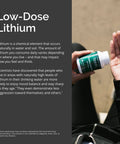 Person holding Lithium Orotate Brain Boost Support Supplement 60 capsules gluten free low dose 5 mg per serving bottle.