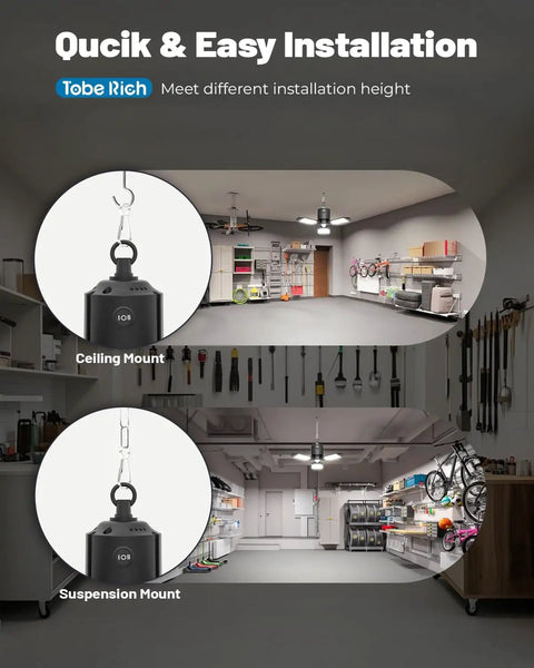 Motion Sensor Garage Light Plug In 8000 Lumen Shop Light With Three Modes And Three Flexible LED Panels 6500K installed in garage