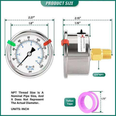 Stainless Steel Dry Low Pressure Gauge Back Mount 2 Inch Dial 0-160 Psi Dual Scale NPT Quarter Inch Thread with Teflon Tape