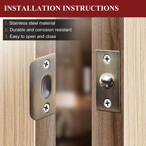 Installation instructions for Badass Stainless Steel Ball Catch Latch Pair For Closet Doors And Cabinet Drawers with visible components.