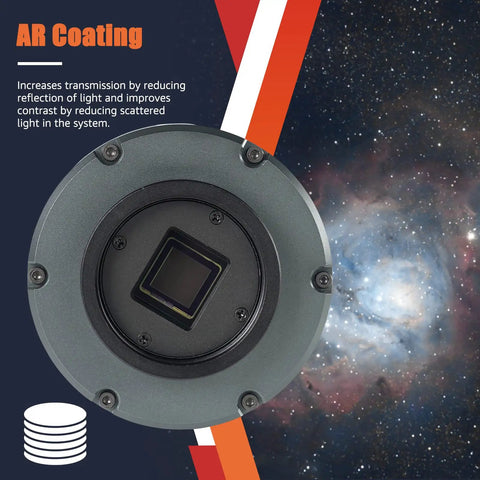 605MC Telescope Camera With IMX533 Sensor showing AR Coating feature for deep sky astrophotography with nebula background