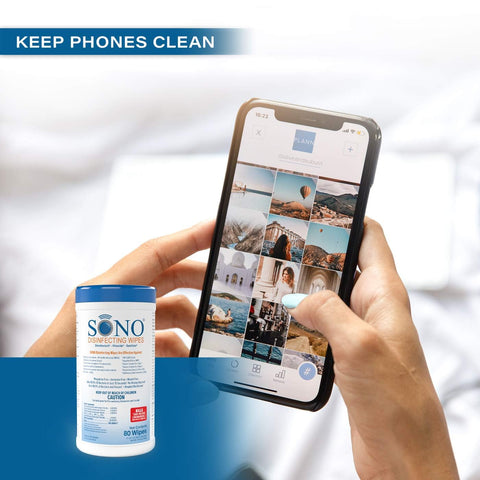 Person holding phone with Alcohol-Free Disinfecting Wipes No Bleach Medical-Grade Multi-Surface Cleaning For Home Office School Hospital Gym Gentle On Electronics 80 Count canister