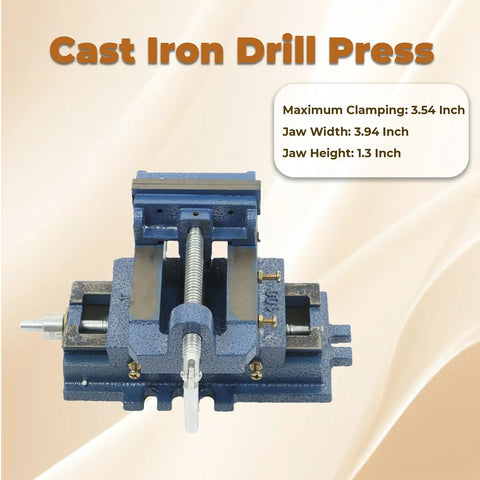 Heavy Duty Cross Slide Drill Press Vise With Two Way XY Compound Travel Four Inch Cast Iron Jaws Built Like A Tank for precise clamping.