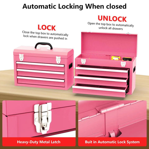3 Drawer Metal Tool Box With EVC Liners And Latch Closure, Beefy Portable Heavy Duty Steel Tool Chest With Ball Bearing Opening, Powder Coated Finish In Pink