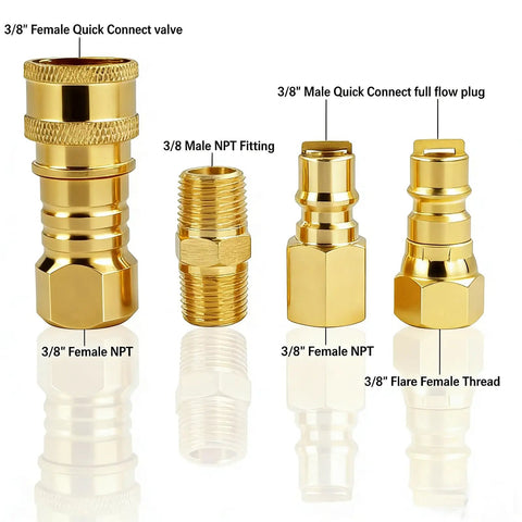 Three Eighths Inch Natural Gas Quick Connect Fittings Kit for grills, patio heaters; brass connectors and plugs shown.