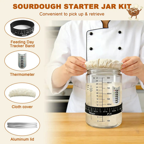 Chef using All In One Sourdough Starter Kit With Glass Starter Jar, cloth cover, and feeding tracker in kitchen