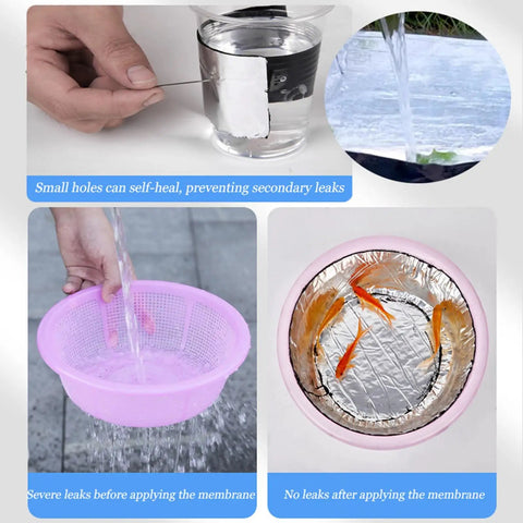 Demonstration of Heavy Duty Self Adhesive Roof Underlayment Roll Premium Bitumen Flashing Tape sealing leaks with goldfish.