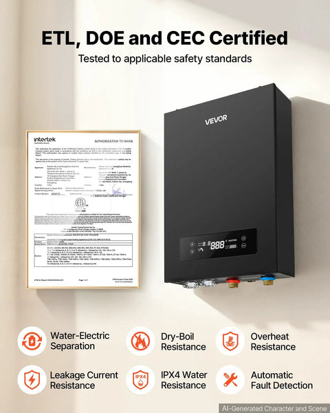 Handles Heavy Duty Plumbing With This 36 Kw Tankless Electric Water Heater showcasing ETL certification and safety features.