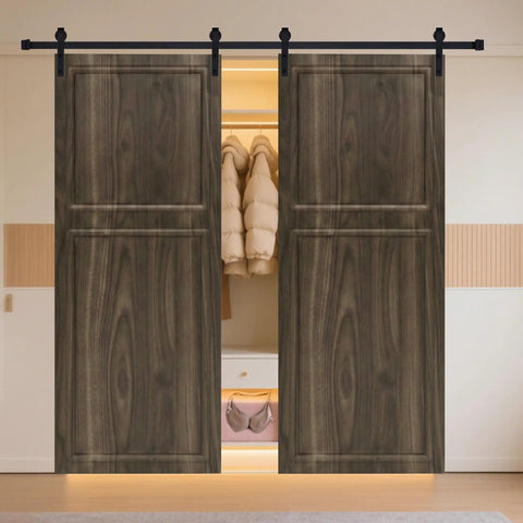 Top Shelf Heavy Duty Sliding Barn Door With Complete Hardware Kit Included Hella Smooth Gliding Double Track System For Interior Closets Easy No Sweat Setup, walnut finish, double door setup.