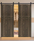 American Made Double Sliding Barn Door Kit Includes Hardware Interior Closet Doors Sound Dampening CNC Carved Panels with dark wood finish.