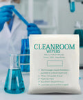 Pro Grade Cleanroom Microfiber Wipes 100 Pack in laboratory with beakers and scientist, 6x6 inch, sealed edge