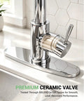 Close-up of Jlerli Pull-Down Kitchen Faucet, High Arc, Brushed Nickel, 3-Modes Sprayer with ceramic valve highlights.