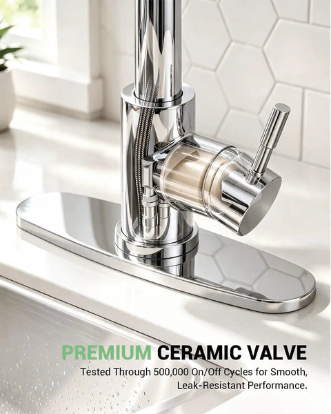 Close-up of Jlerli Pull-Down Kitchen Faucet, High Arc, Brushed Nickel, 3-Modes Sprayer with ceramic valve highlights.