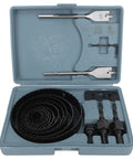Jiawu 18Pc Multifunctional Carbon Steel Hole Saw Kit For Fast Accurate Cuts In Plasterboard Drywall With Convenient Storage Case And Durable Blades For Heavy Duty Use, open case with 20mm bit and saws