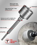 Heavy-Duty 6 Inch Concrete Hole Saw Kit With Tungsten Steel Wall Cutter Drill Bit Set, labeled parts and in use on cement wall.