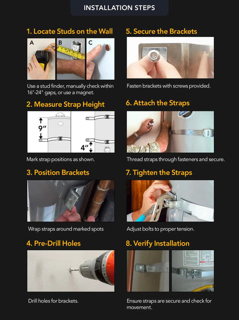Installation steps for Seismic Water Heater Restraint Strap Kit showing measuring, securing brackets, and tightening straps.