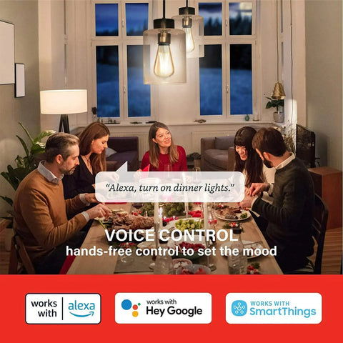 Family dinner under Vintage Filament LED Smart Edison Bulbs 60 Watt Equivalent, warm 2000K Edison Style ST19, no hub needed
