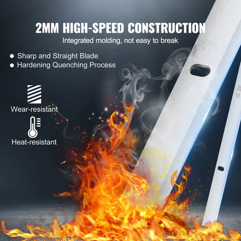 Heavy Duty High Speed Steel Thickness Planer Blades And Knives For 13 Inch Benchtop Planer Hrc 55 To 60 Hardened Replacement Set Of 3 with sharp edge and flames for illustration.