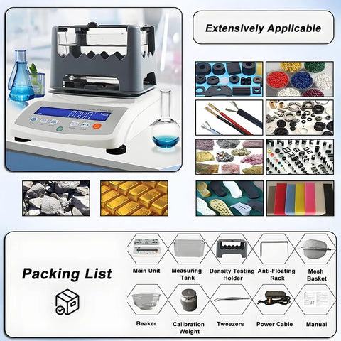 Pro Grade Gold Purity Tester Machine Features Bulletproof Density Meter And Slick Digital Screen on a lab counter with tools.
