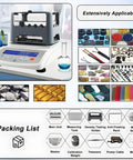 Straight Up Precision Gold Purity Tester Machine With Crisp LCD Readouts For Fast Precious Metal Verification Solid Density Meter on a countertop with accessories.