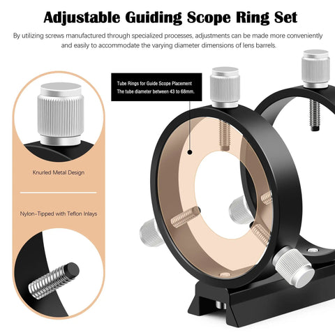 Adjustable guiding scope ring set with metal design and nylon-tipped screws for Compact 50mm Guide Scope Kit With Fully Multi-Coated Optics.