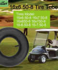 Heavy Duty 16x6.50-8 And 16x7.50-8 Inner Tube With Straight Valve Stem for Lawn Mowers beside golf cart on grass.